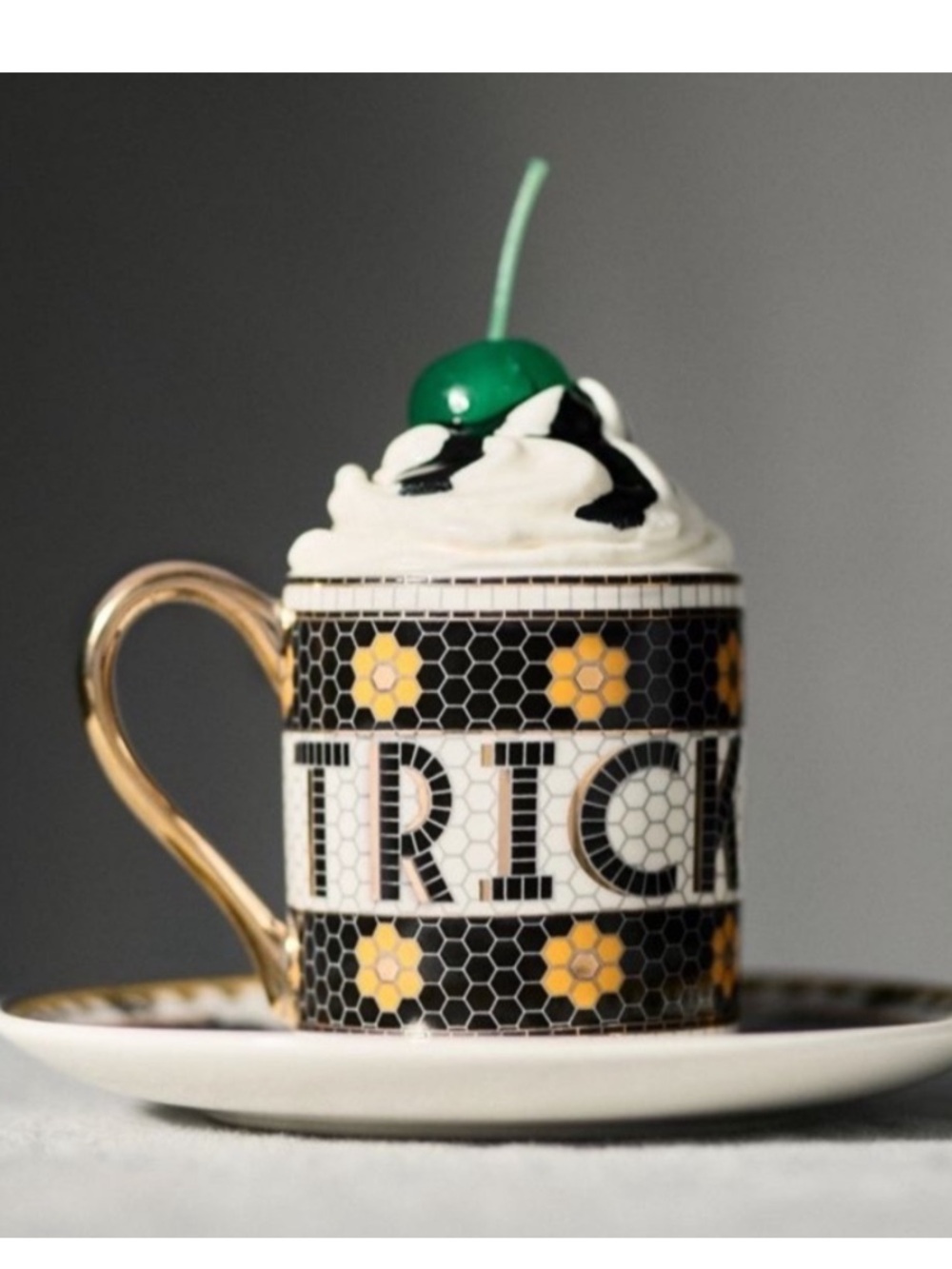 Anthropologie Bistro Tile Halloween Espresso Mug Cup Plate Set 24K Gold New
